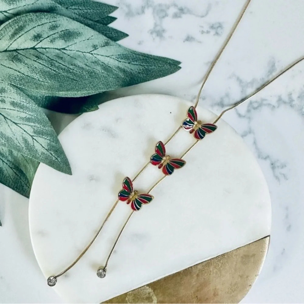 2/$30🌵 Delicate Butterfly Y Lariat Double Strand Rhinestone Necklace Gold Tone